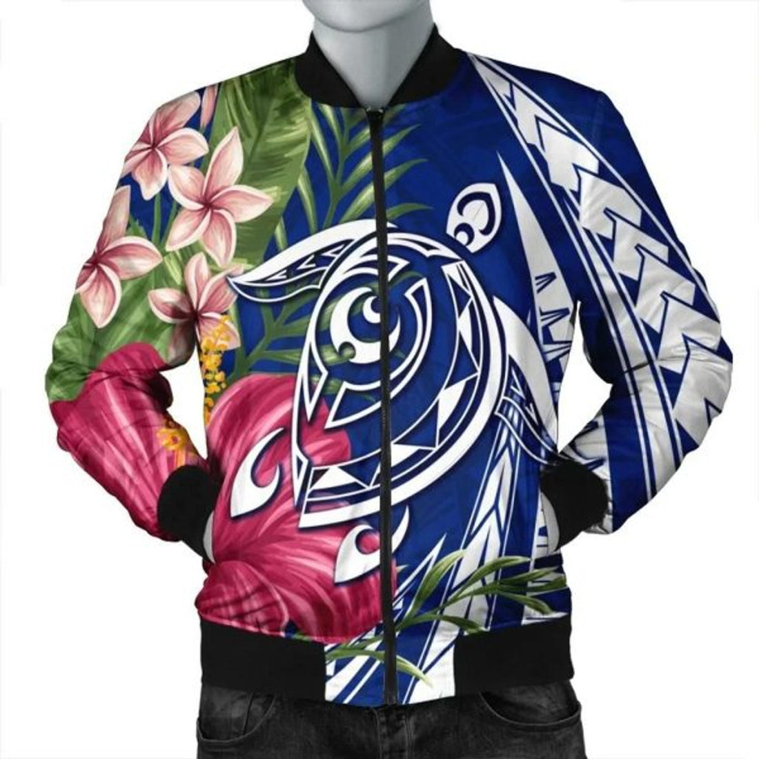 FUNSTUFFPRINT Hawaii Polynesian Turtle Tropical Hibiscus Plumeria Bomber Jacket - Blue - AH - R