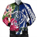 FUNSTUFFPRINT Hawaii Polynesian Turtle Tropical Hibiscus Plumeria Bomber Jacket - Blue - AH - R