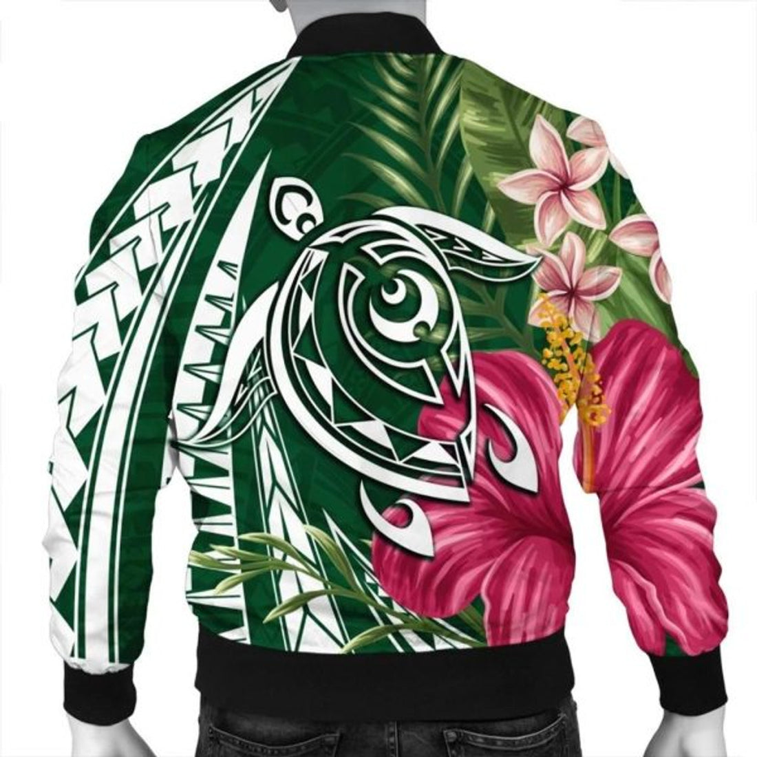 FUNSTUFFPRINT Hawaii Polynesian Turtle Tropical Hibiscus Plumeria Bomber Jacket - Green - AH - R Bomber Jacket