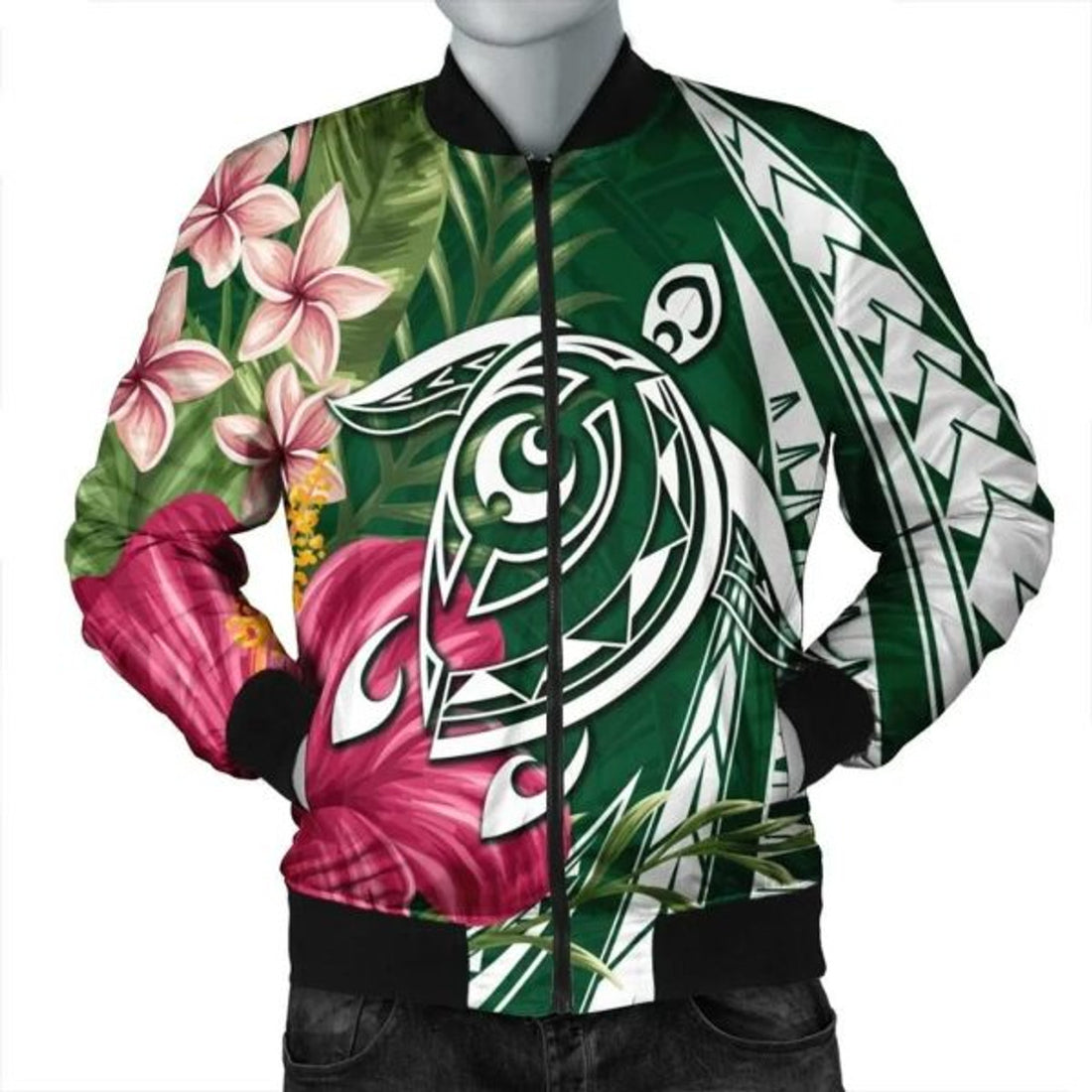 FUNSTUFFPRINT Hawaii Polynesian Turtle Tropical Hibiscus Plumeria Bomber Jacket - Green - AH - R Bomber Jacket