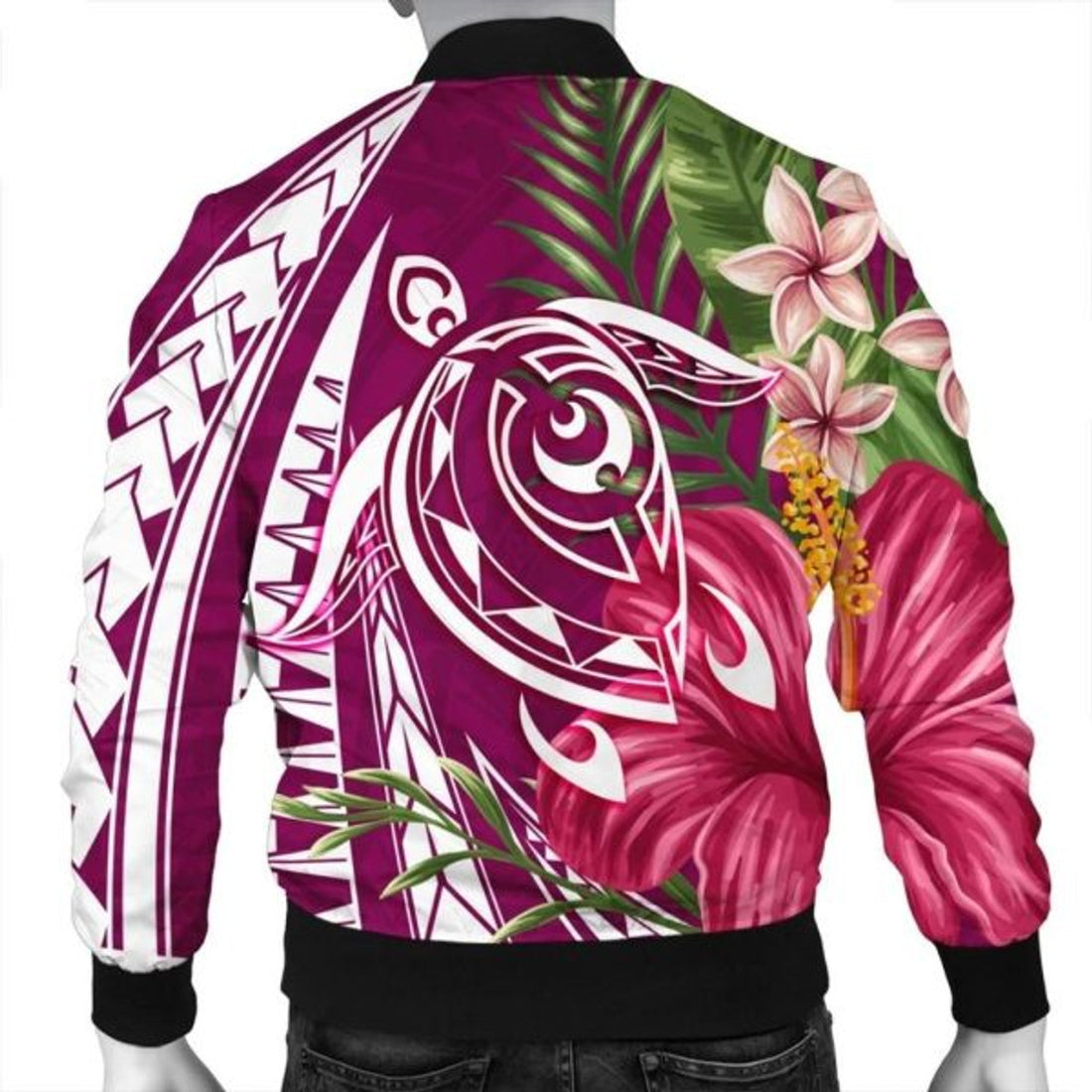 FUNSTUFFPRINT Hawaii Polynesian Turtle Tropical Hibiscus Plumeria Bomber Jacket - Pink - AH - R Bomber Jacket