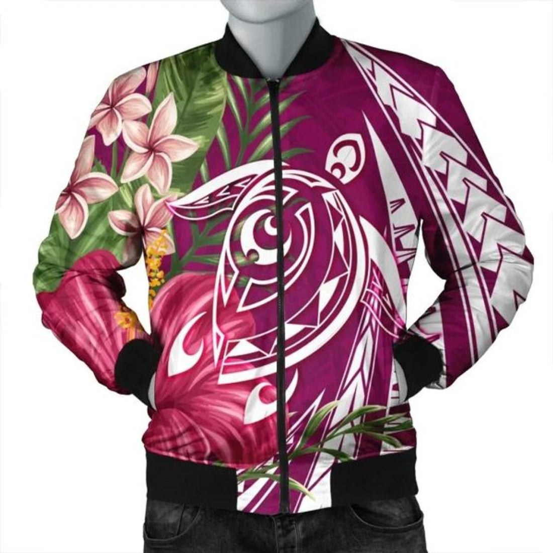 FUNSTUFFPRINT Hawaii Polynesian Turtle Tropical Hibiscus Plumeria Bomber Jacket - Pink - AH - R Bomber Jacket