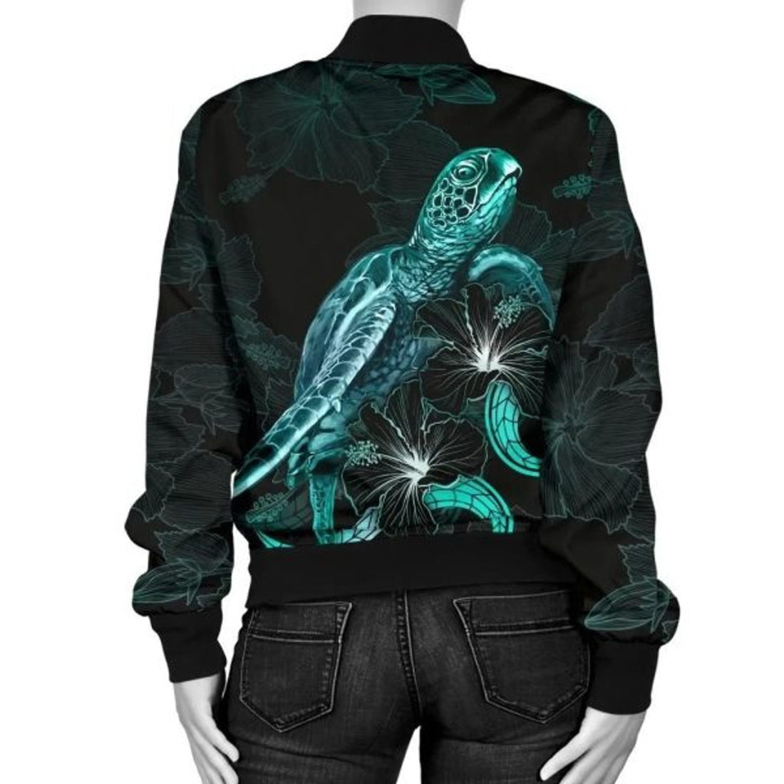 FUNSTUFFPRINT Hawaii Polynesian Women's Bomber Jacket - Turtle With Blooming Hibiscus Turquoise - Bomber Jacket