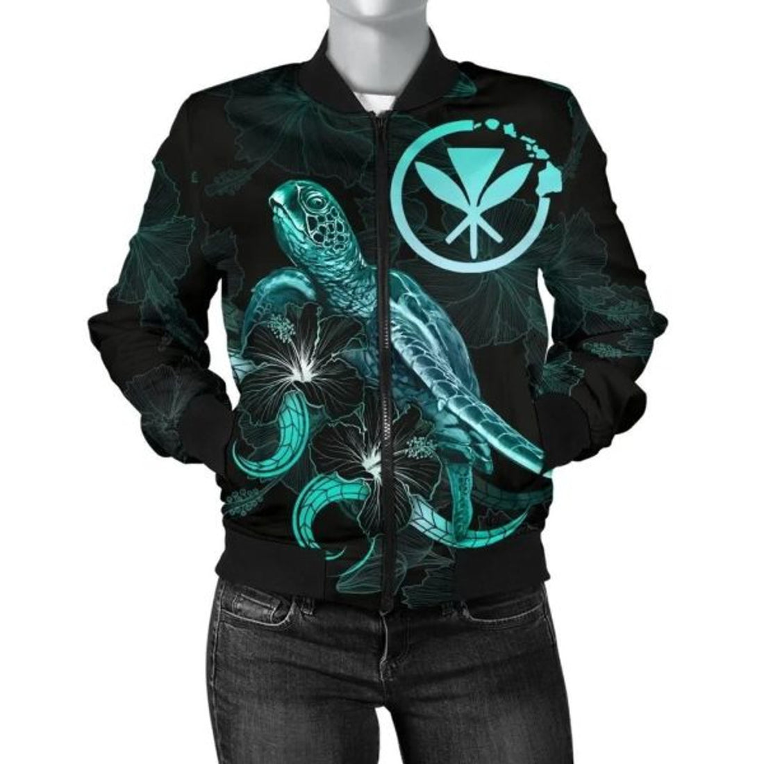 FUNSTUFFPRINT Hawaii Polynesian Women's Bomber Jacket - Turtle With Blooming Hibiscus Turquoise - Bomber Jacket