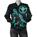 FUNSTUFFPRINT Hawaii Polynesian Women's Bomber Jacket - Turtle With Blooming Hibiscus Turquoise - Bomber Jacket