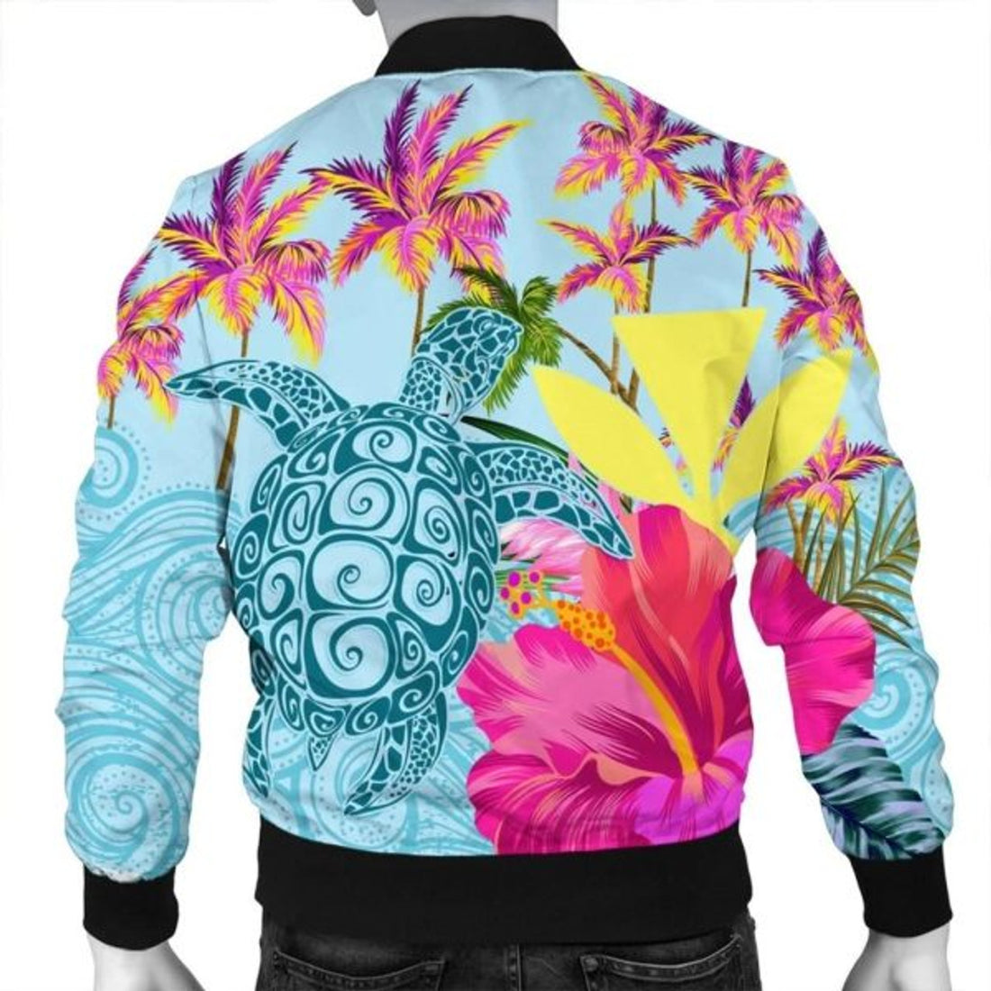 FUNSTUFFPRINT Hawaii Sea Turtle Hibiscus Kanaka Bomber Jacket - AH - R Bomber Jacket