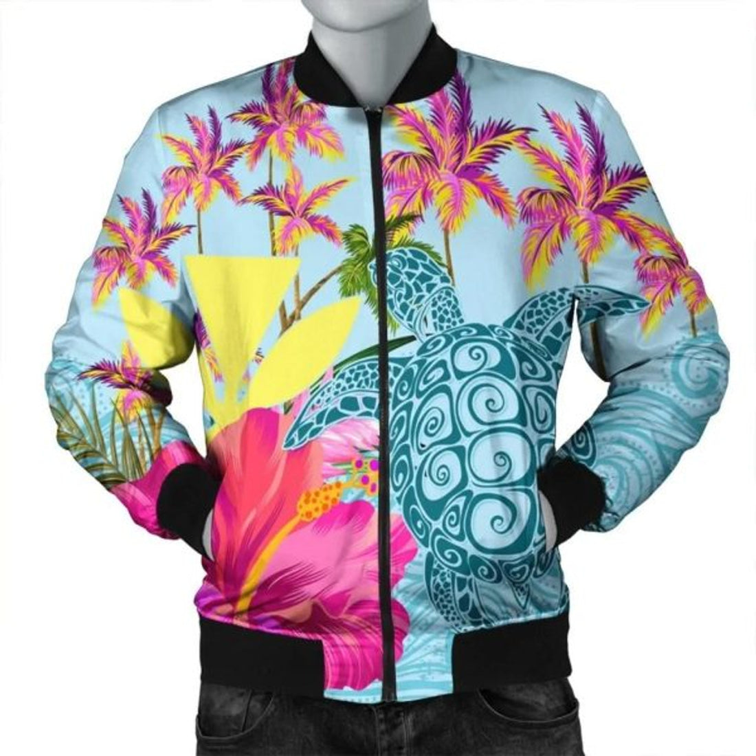 FUNSTUFFPRINT Hawaii Sea Turtle Hibiscus Kanaka Bomber Jacket - AH - R Bomber Jacket