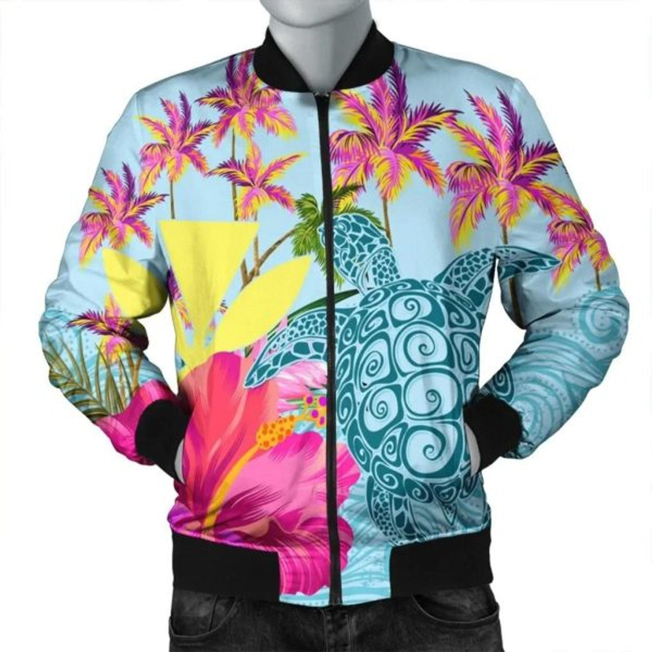 FUNSTUFFPRINT Hawaii Sea Turtle Hibiscus Kanaka Bomber Jacket - AH - R Bomber Jacket