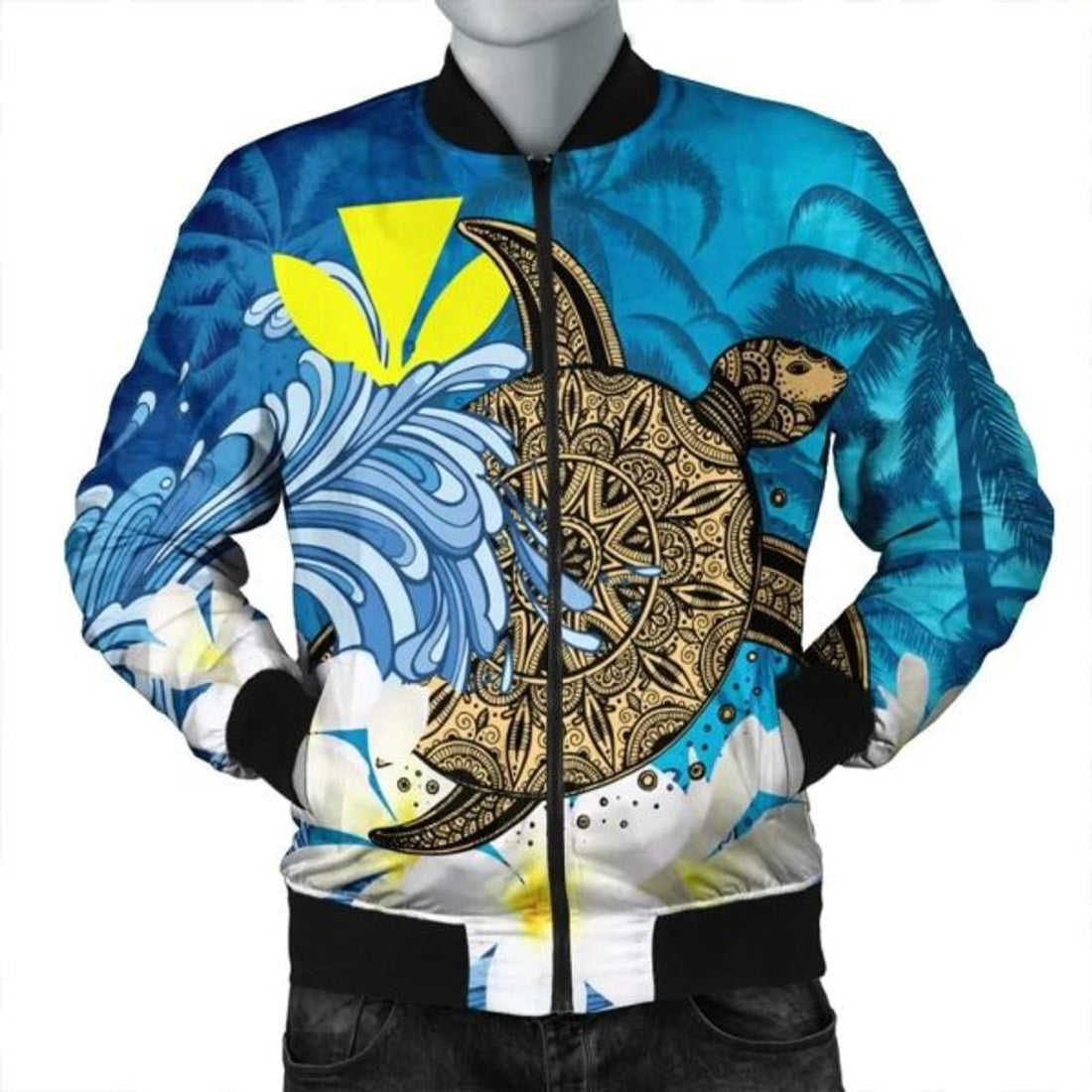 FUNSTUFFPRINT Hawaii Sea Turtle Plumeria Coconut Tree Bomber Jacket - AH - R Bomber Jacket