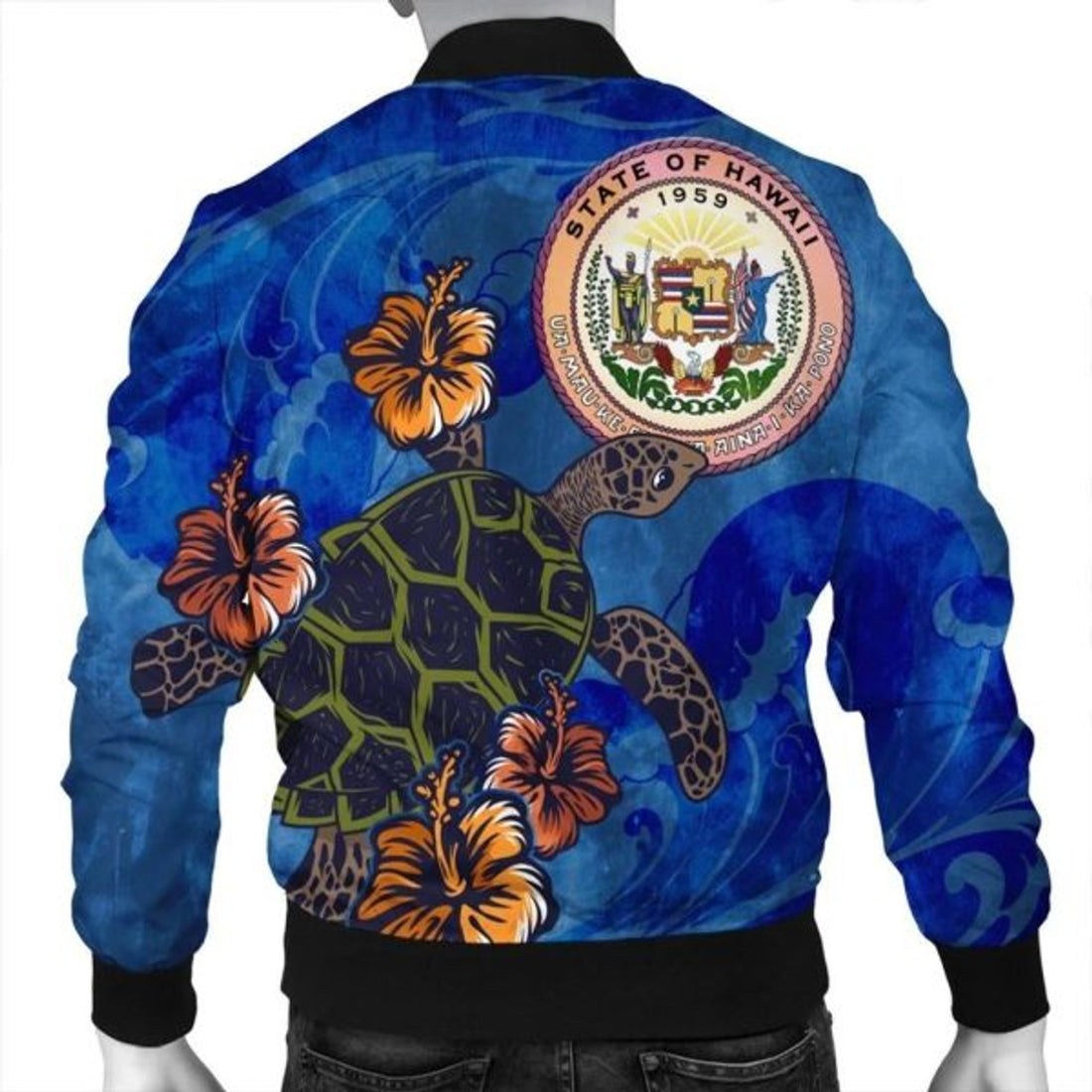FUNSTUFFPRINT Hawaii Seal Of Hawaii Hibiscus Ocean Turtle Polynesian Bomber Jacket - AH - JGR Bomber Jacket