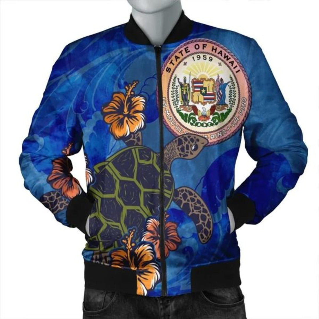 FUNSTUFFPRINT Hawaii Seal Of Hawaii Hibiscus Ocean Turtle Polynesian Bomber Jacket - AH - JGR Bomber Jacket