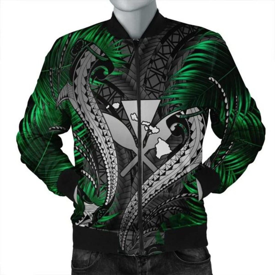 FUNSTUFFPRINT Hawaii Shark Polynesian Tropical Bomber Jacket - Gray - AH - R Bomber Jacket