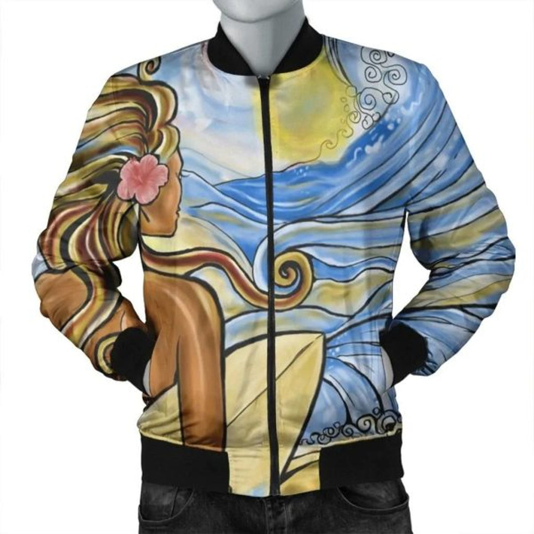 FUNSTUFFPRINT Hawaii The Girl Surfing Wave Bomber Jacket - AH - R Bomber Jacket