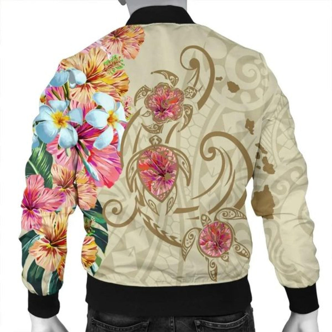 FUNSTUFFPRINT Hawaii Triple Marble Turtle Polynesian Hibiscus Bomber Jacket - AH - Benjamin Style - Beige - R Bomber Jacket