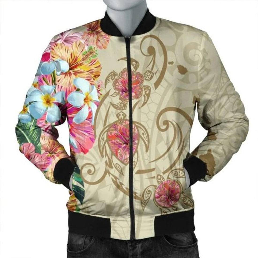 FUNSTUFFPRINT Hawaii Triple Marble Turtle Polynesian Hibiscus Bomber Jacket - AH - Benjamin Style - Beige - R Bomber Jacket