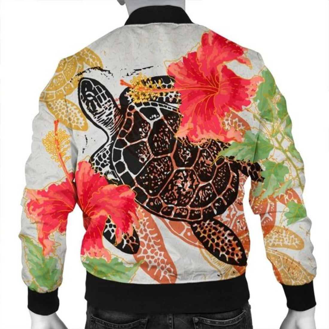 FUNSTUFFPRINT Hawaii Turtle Art Hibiscus Bomber Jacket - AH - R Bomber Jacket