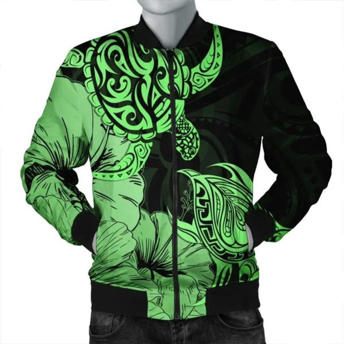 FUNSTUFFPRINT Hawaii Turtle Bomber Jacket Polynesian Hibiscus