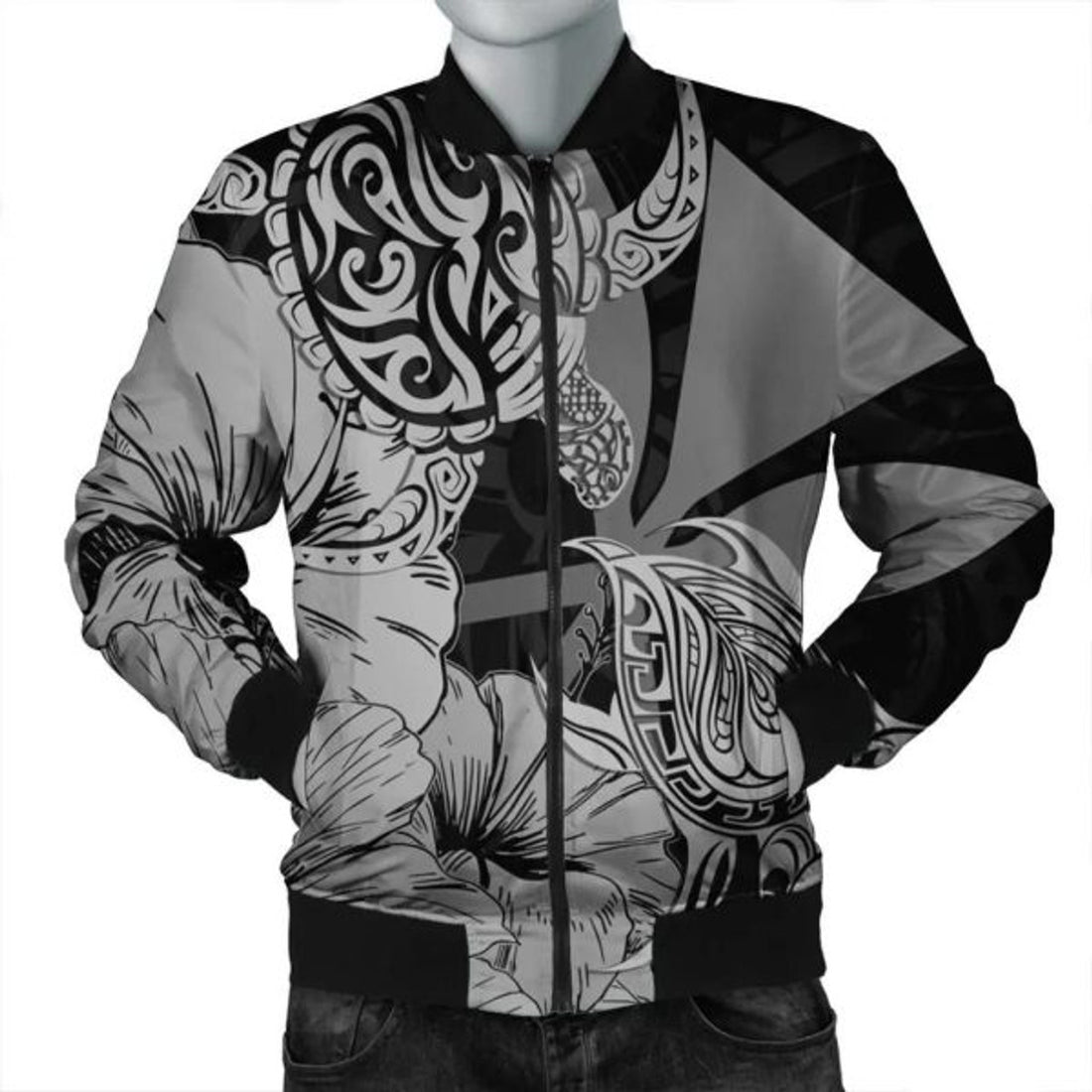 FUNSTUFFPRINT Hawaii Turtle Bomber Jacket Polynesian Hibiscus