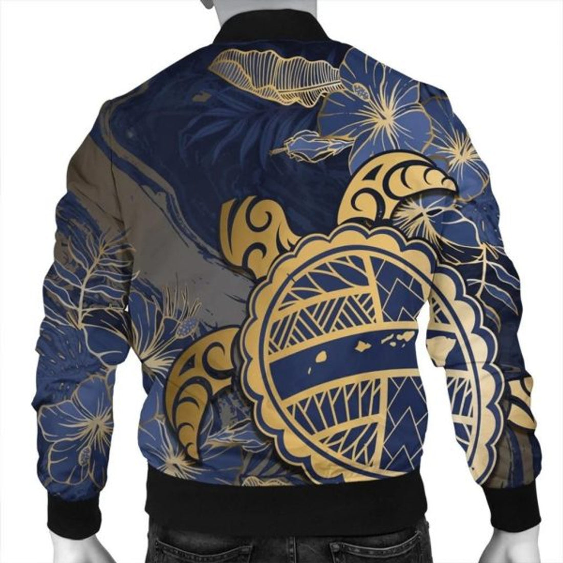 FUNSTUFFPRINT Hawaii Turtle Hibiscus Gold Bomber Jacket - Kyn Style - AH - R Bomber Jacket