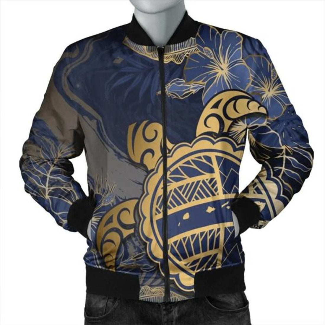 FUNSTUFFPRINT Hawaii Turtle Hibiscus Gold Bomber Jacket - Kyn Style - AH - R Bomber Jacket