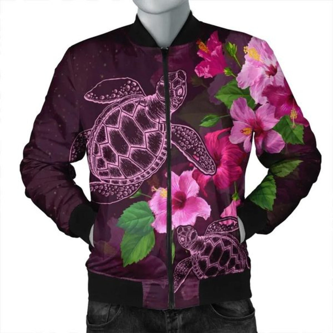 FUNSTUFFPRINT Hawaii Turtle Hibiscus Pink Simple Bomber Jacket - AH - R Bomber Jacket
