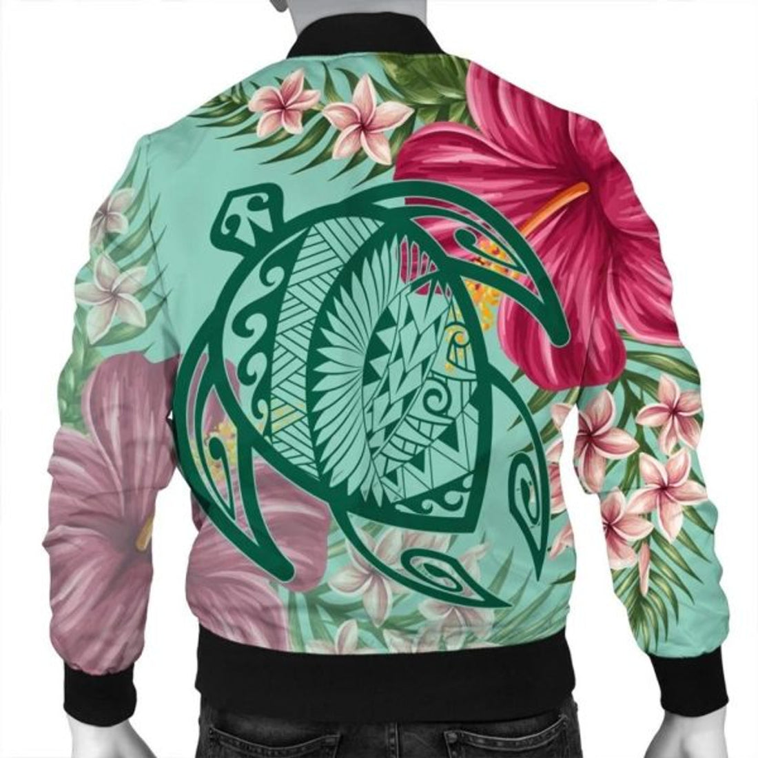 FUNSTUFFPRINT Hawaii Turtle Hibiscus Plumeria Bomber Jacket - Hug Style - AH - R Bomber Jacket