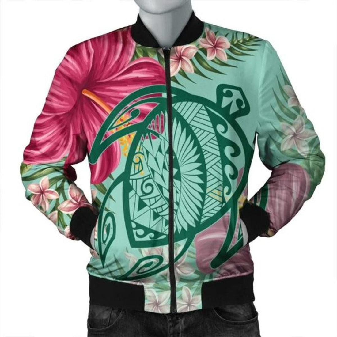 FUNSTUFFPRINT Hawaii Turtle Hibiscus Plumeria Bomber Jacket - Hug Style - AH - R Bomber Jacket