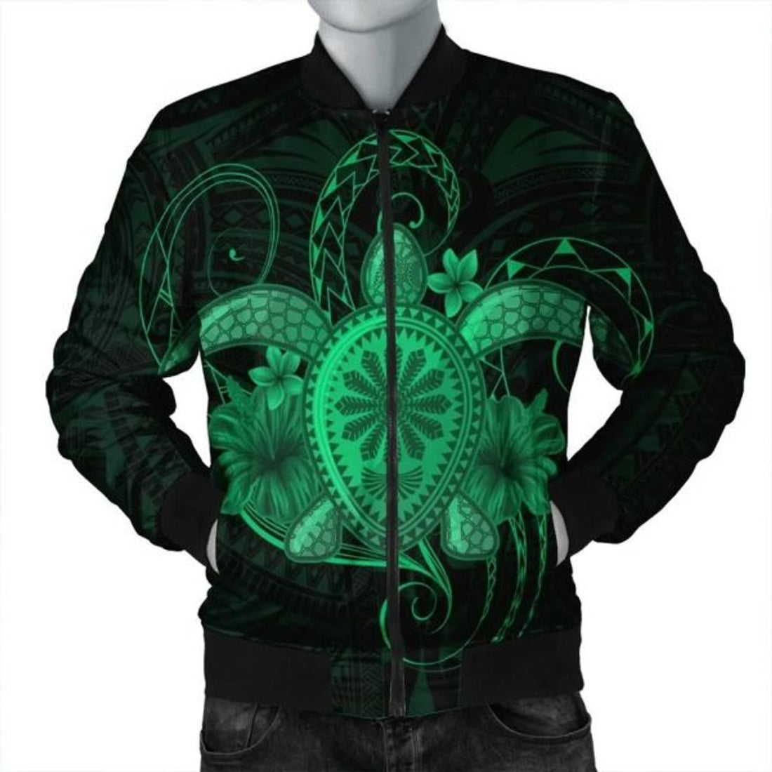 FUNSTUFFPRINT Hawaii Turtle Hibiscus Polynesian Bomber Jacket