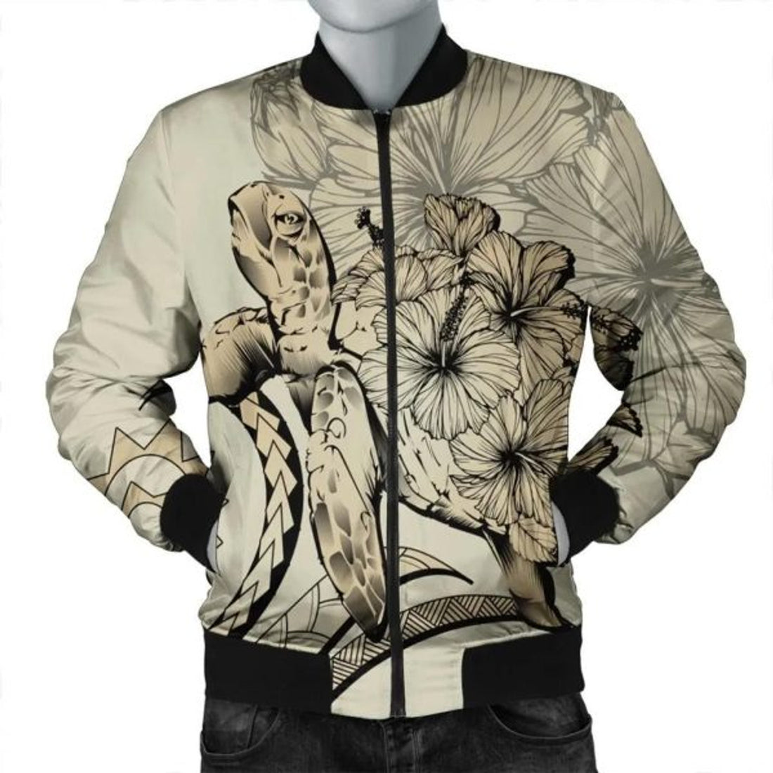 FUNSTUFFPRINT Hawaii Turtle Hibiscus Polynesian Vintage Bomber Jacket