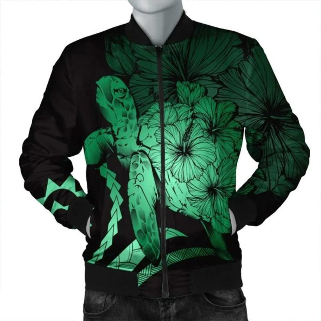 FUNSTUFFPRINT Hawaii Turtle Hibiscus Polynesian Vintage Bomber Jacket
