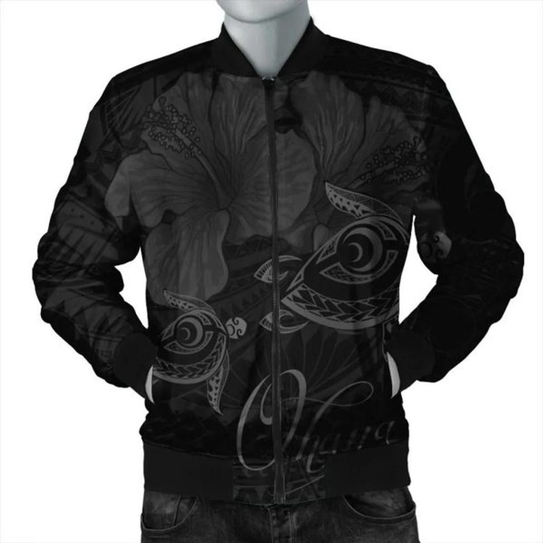 FUNSTUFFPRINT Hawaii Turtle Ohana Hibiscus Poly Bomber Jacket