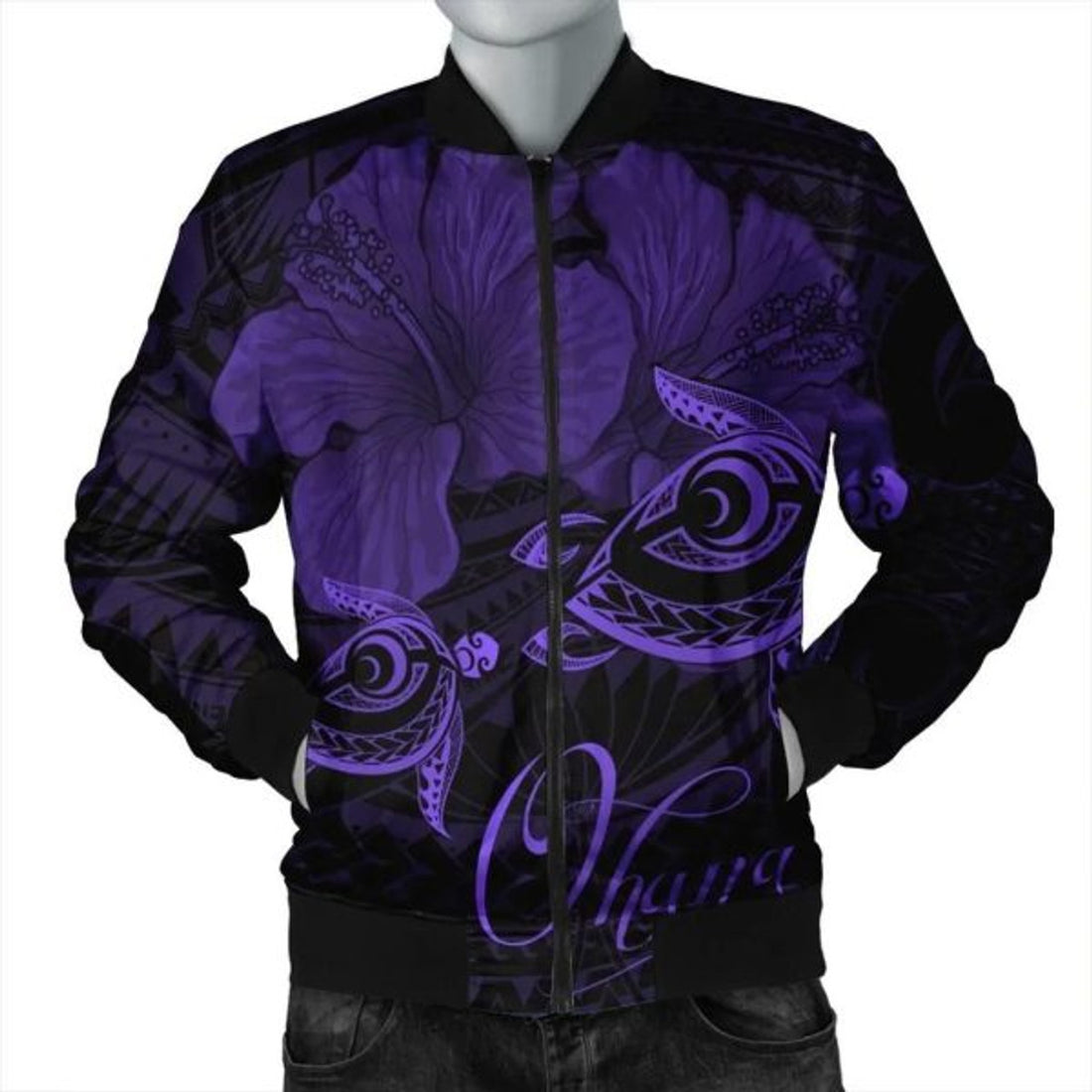 FUNSTUFFPRINT Hawaii Turtle Ohana Hibiscus Poly Bomber Jacket