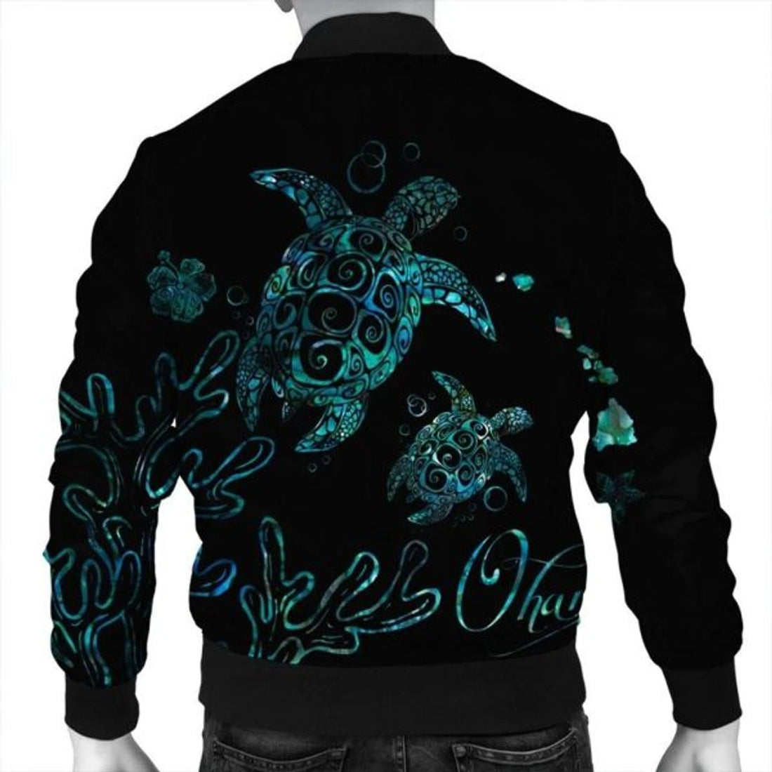 FUNSTUFFPRINT Hawaii Turtle Ohana Paua Shell Bomber Jacket - AH - R Bomber Jacket