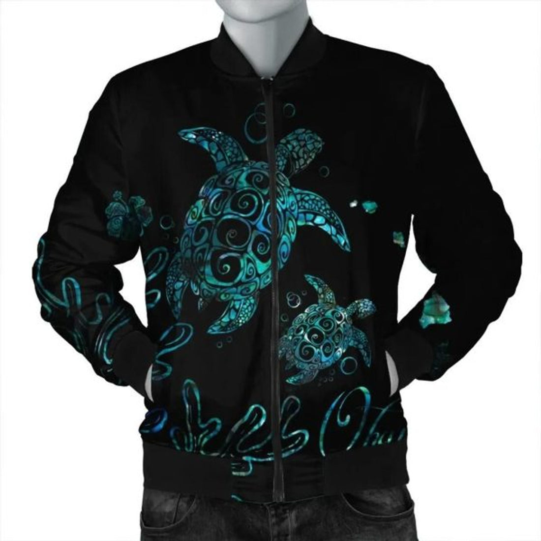 FUNSTUFFPRINT Hawaii Turtle Ohana Paua Shell Bomber Jacket - AH - R Bomber Jacket