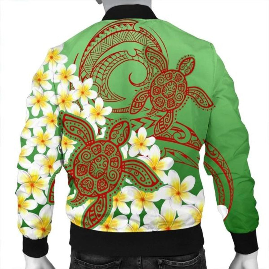 FUNSTUFFPRINT Hawaii Turtle Plumeria Bomber Jacket - Green Style - AH - R
