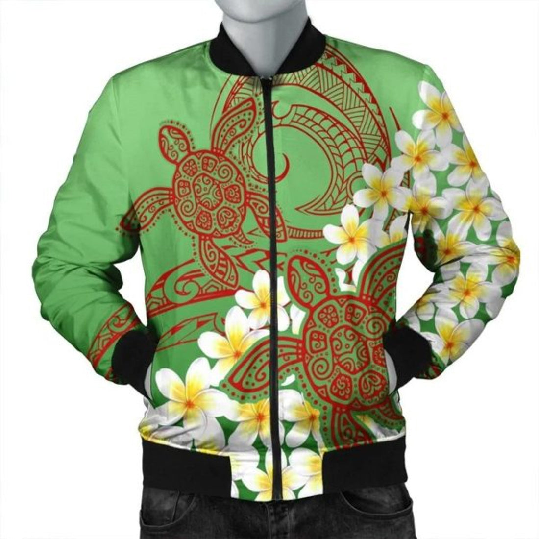 FUNSTUFFPRINT Hawaii Turtle Plumeria Bomber Jacket - Green Style - AH - R