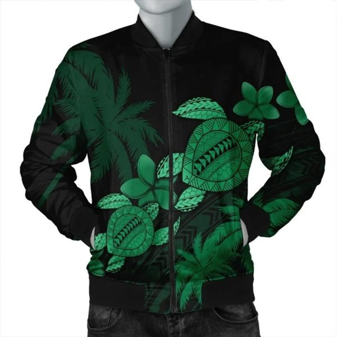 FUNSTUFFPRINT Hawaii Turtle Plumeria Coconut Tree Polynesian Bomber Jacket