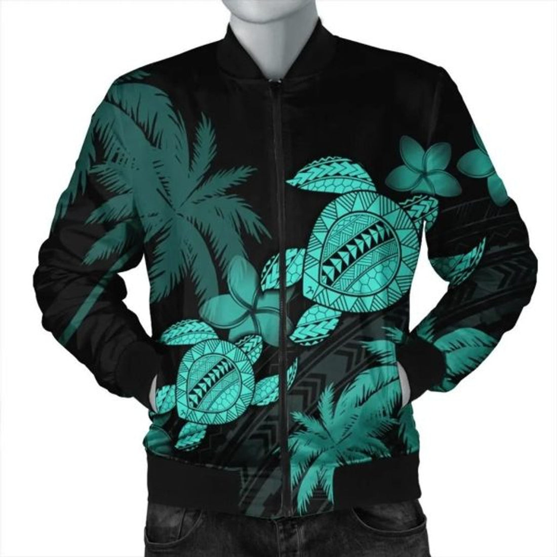FUNSTUFFPRINT Hawaii Turtle Plumeria Coconut Tree Polynesian Bomber Jacket