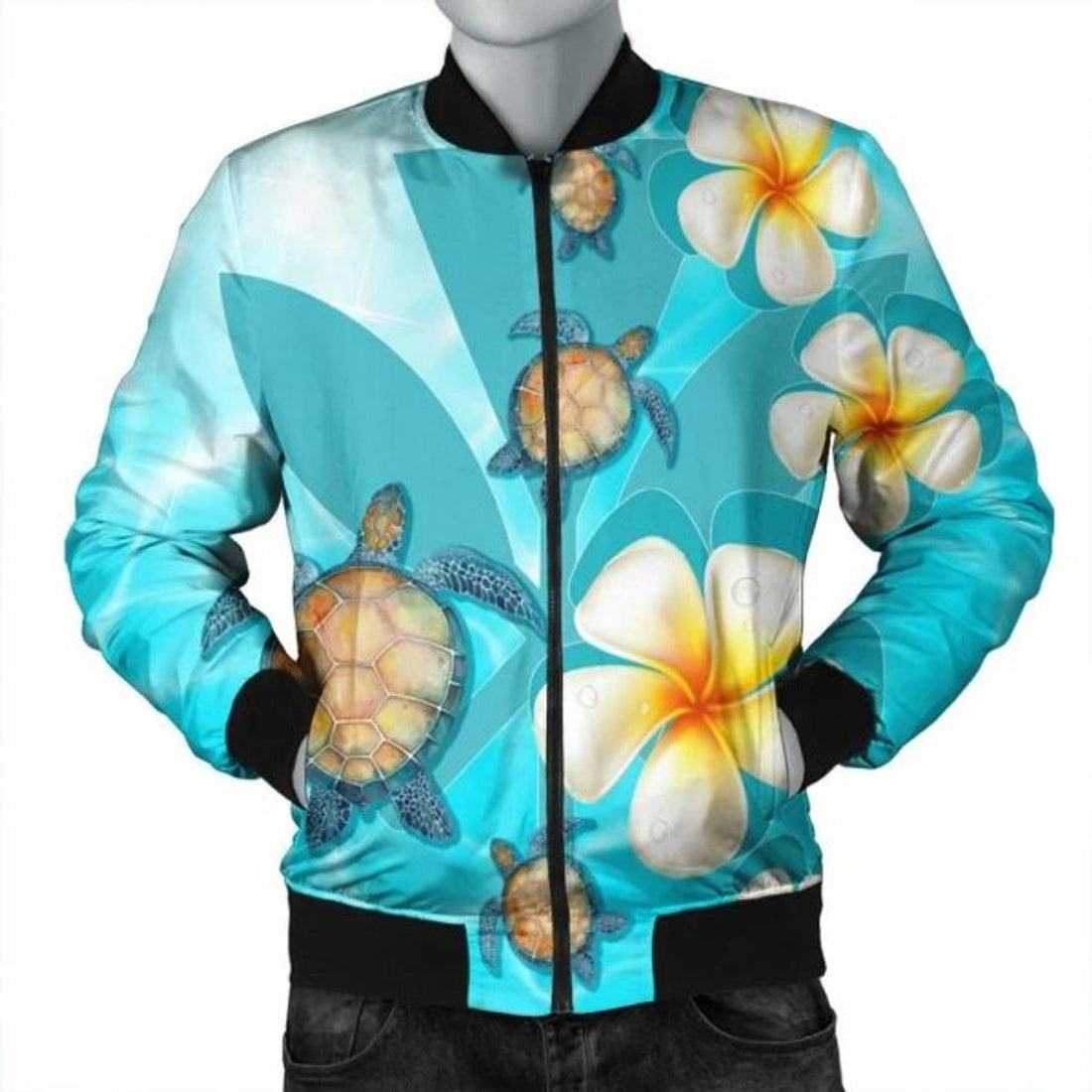 FUNSTUFFPRINT Hawaii Turtle Plumeria Kanaka Ocean Bomber Jacket - AH - R Bomber Jacket