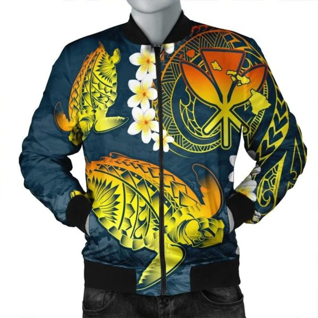 FUNSTUFFPRINT Hawaii Turtle Plumerian Polynesian Bomber Jacket - Sease Style - ver 2 - AH - R Bomber Jacket