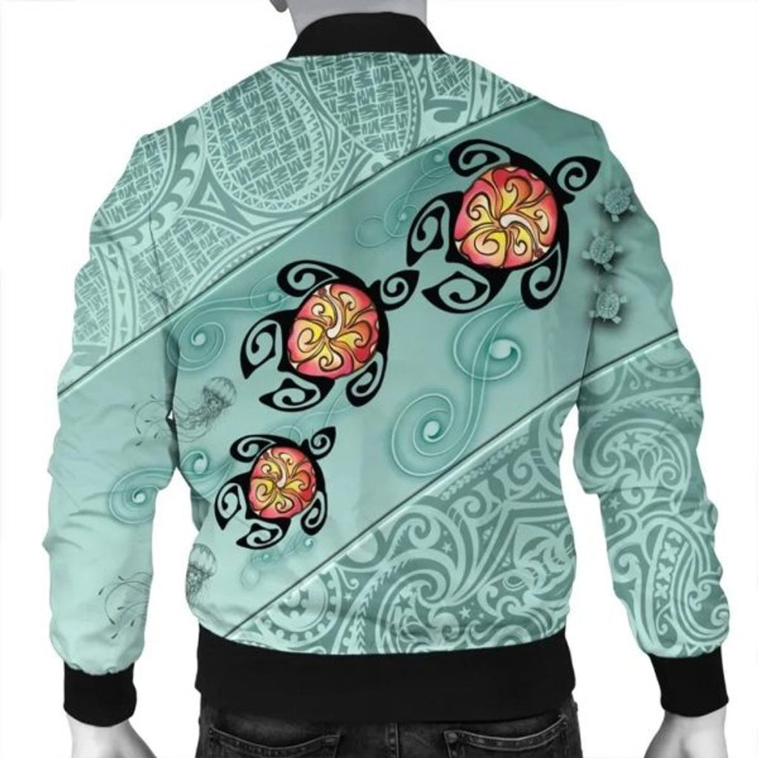 FUNSTUFFPRINT Hawaii Turtle Swimming Tribal Polynesian Bomber Jacket