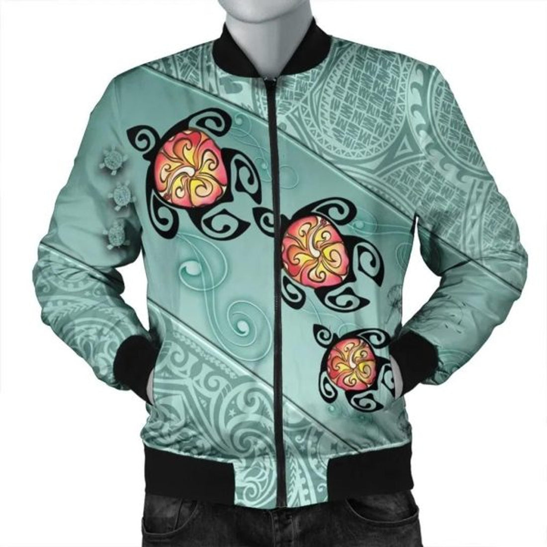 FUNSTUFFPRINT Hawaii Turtle Swimming Tribal Polynesian Bomber Jacket