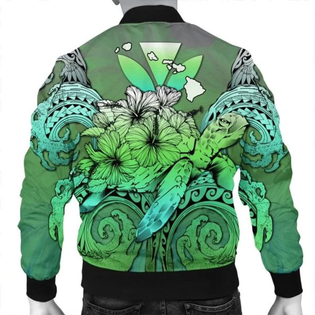 FUNSTUFFPRINT Hawaii Turtle Wave Polynesian Bomber Jacket - Hey Style Green - AH - R Bomber Jacket