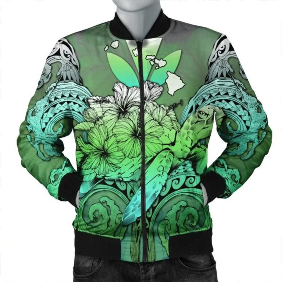 FUNSTUFFPRINT Hawaii Turtle Wave Polynesian Bomber Jacket - Hey Style Green - AH - R Bomber Jacket