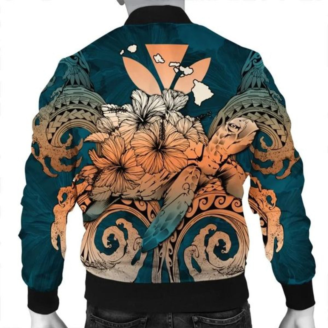 FUNSTUFFPRINT Hawaii Turtle Wave Polynesian Bomber Jacket - Hey Style Orange - AH - R Bomber Jacket