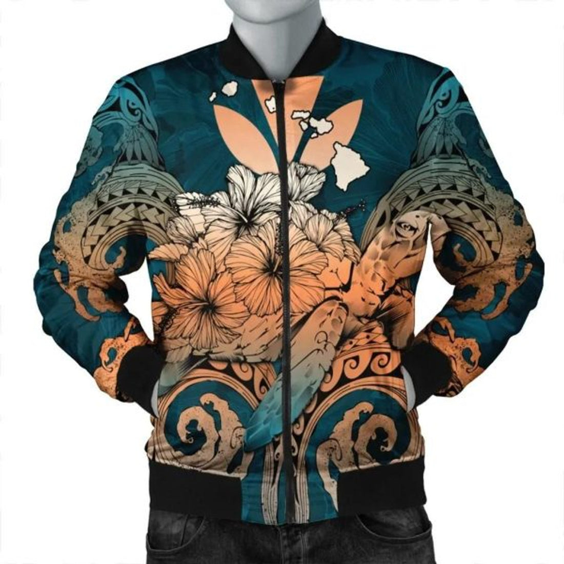 FUNSTUFFPRINT Hawaii Turtle Wave Polynesian Bomber Jacket - Hey Style Orange - AH - R Bomber Jacket