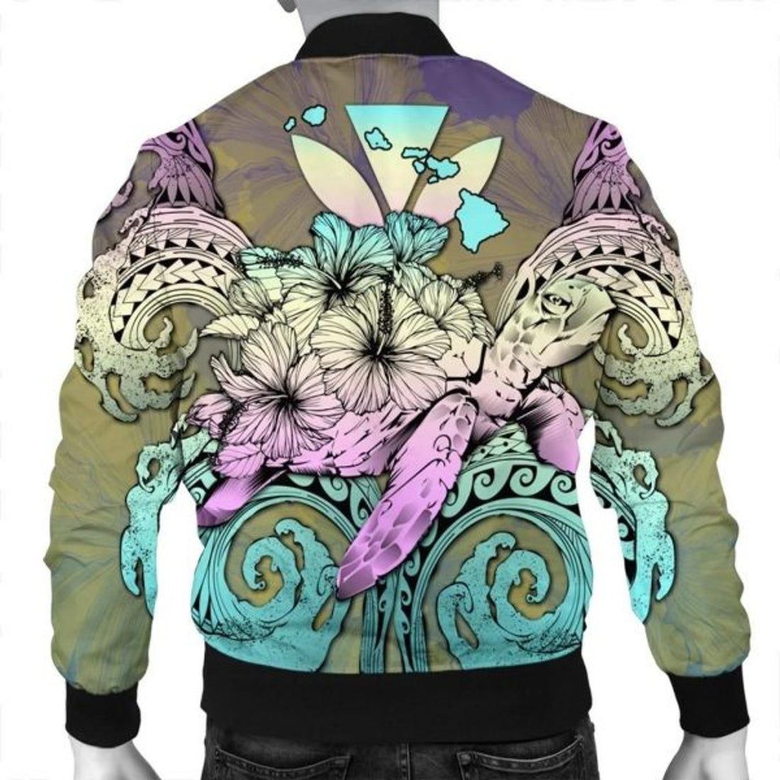 FUNSTUFFPRINT Hawaii Turtle Wave Polynesian Bomber Jacket - Hey Style Yellow - AH - R Bomber Jacket