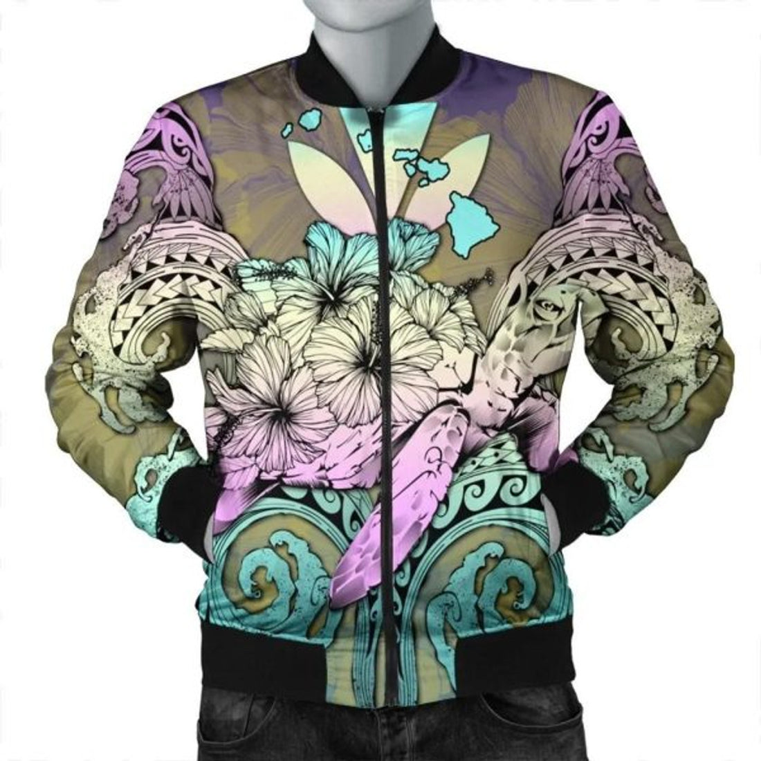FUNSTUFFPRINT Hawaii Turtle Wave Polynesian Bomber Jacket - Hey Style Yellow - AH - R Bomber Jacket