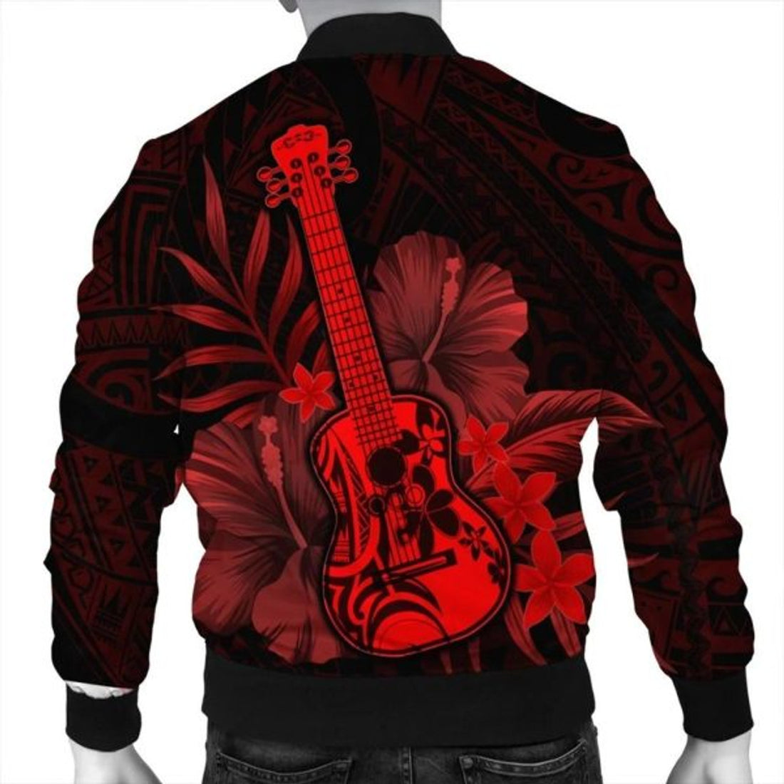 FUNSTUFFPRINT Hawaii Ukulele Flower Bomber Jacket - Red - AH - R Bomber Jacket