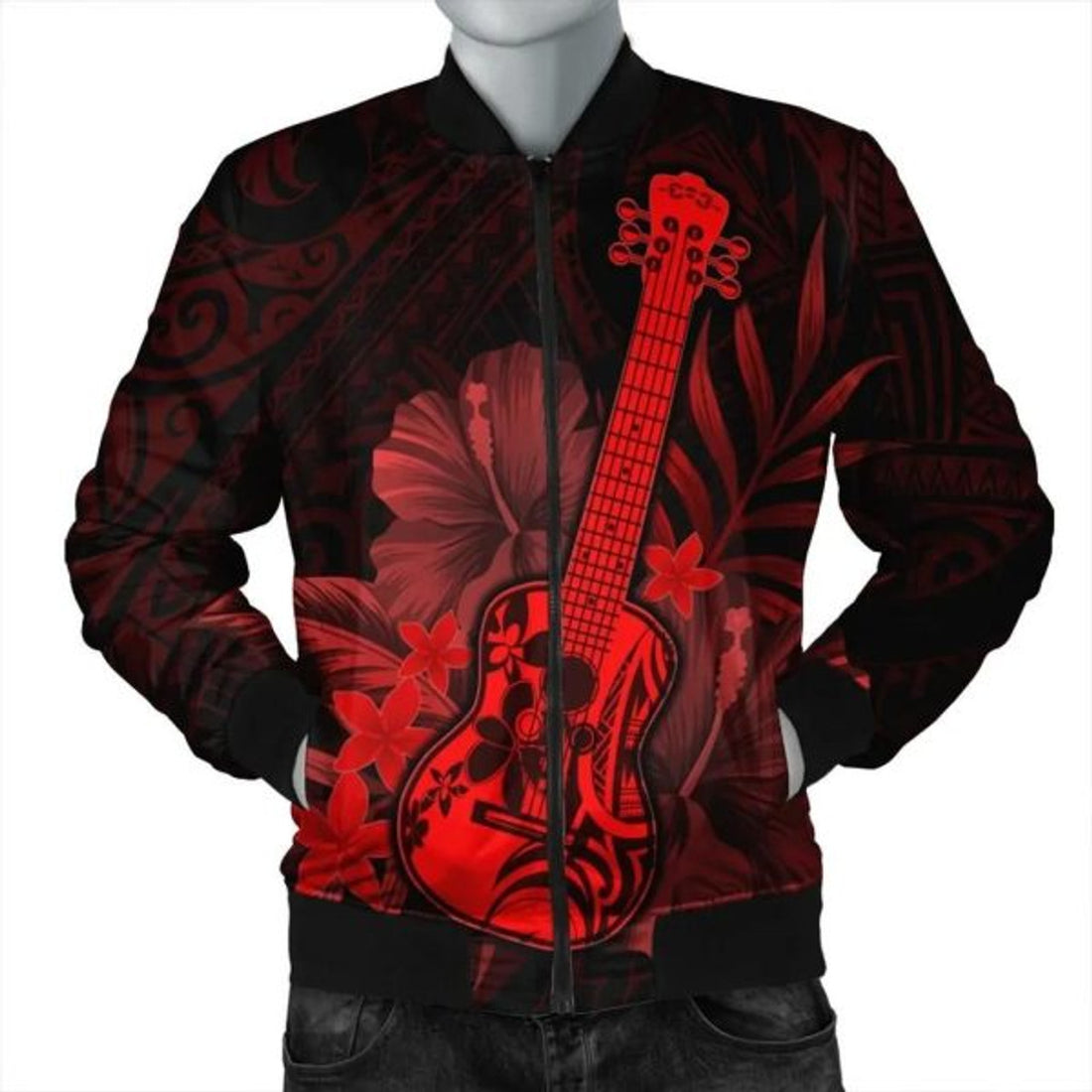 FUNSTUFFPRINT Hawaii Ukulele Flower Bomber Jacket - Red - AH - R Bomber Jacket